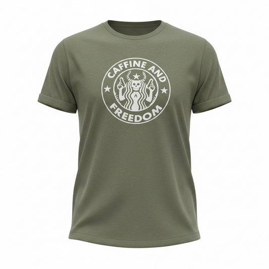Caffeine and Freedom T-Shirt | Veteran-Owned | Plymouth, MI