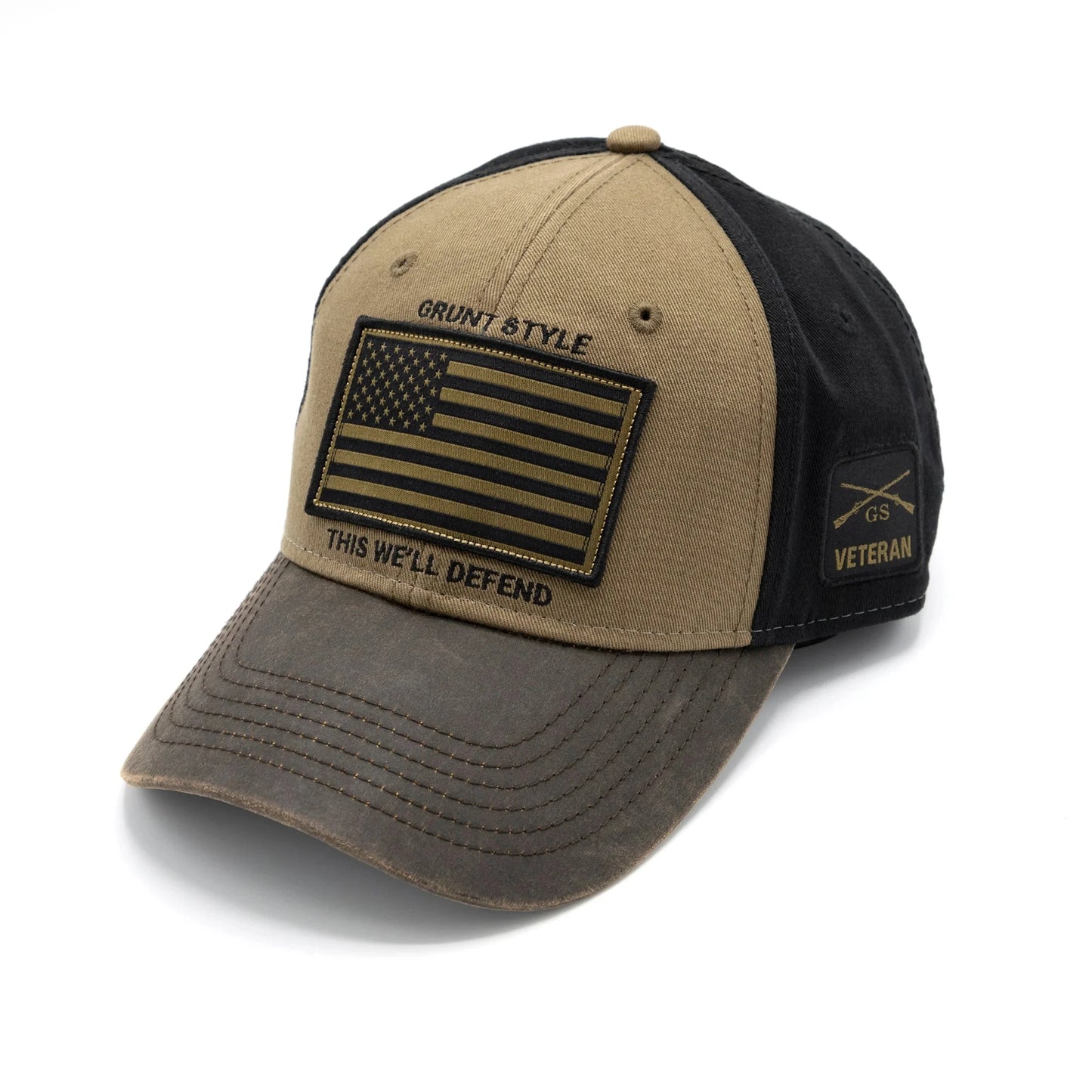 Multicolored cap with American flag patch and text on a white background