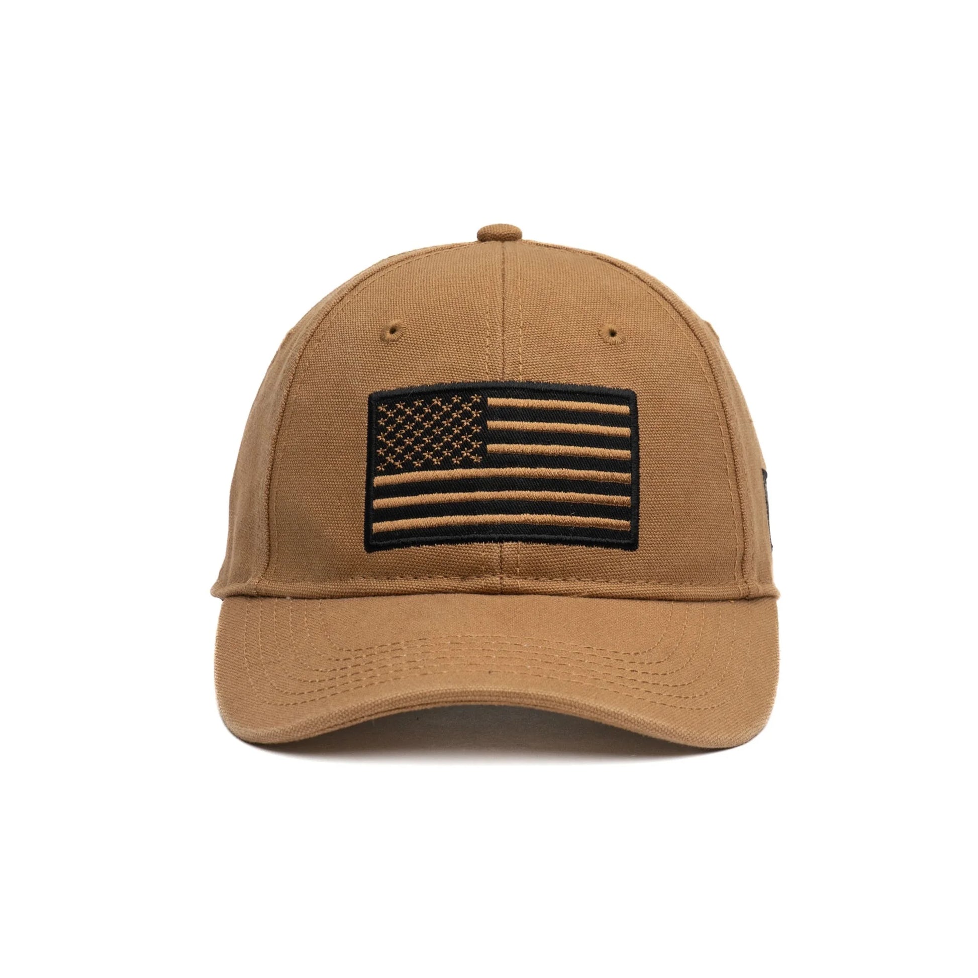 Brown cap with American flag patch on a white background