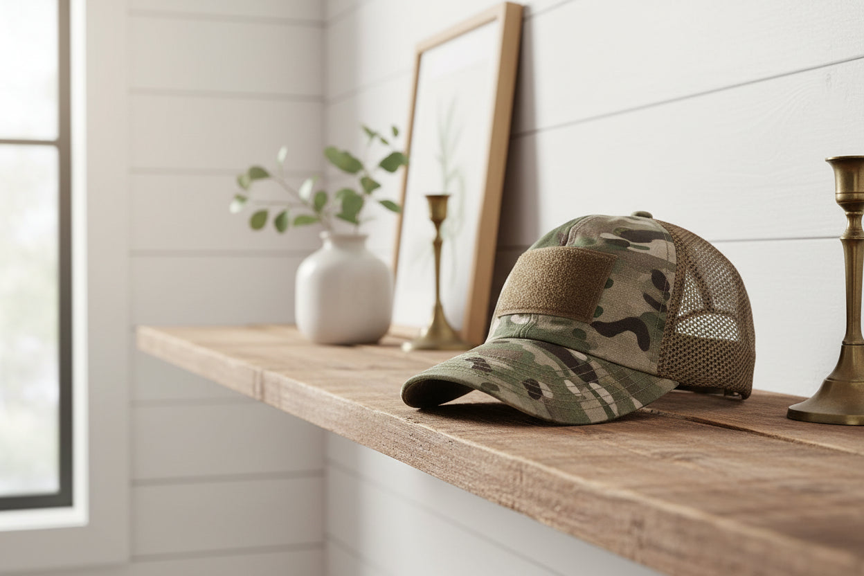 Camouflage baseball cap with a patch on a wooden surface