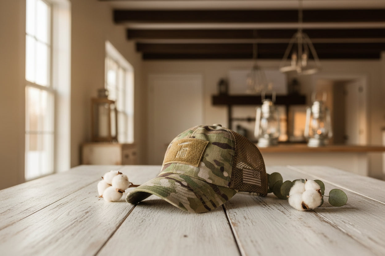 Camouflage baseball cap with American flag patch on a snowy log