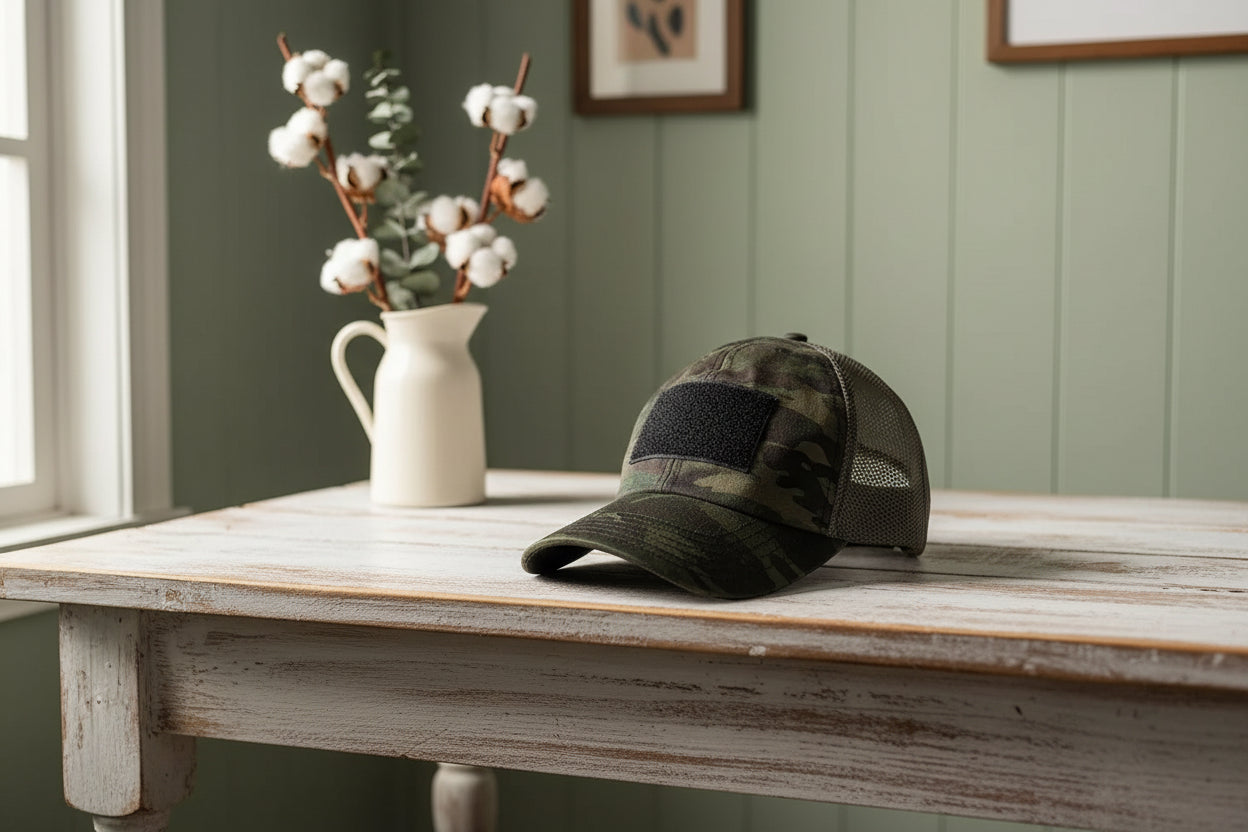 Green camouflage cap with a patch on a wooden surface