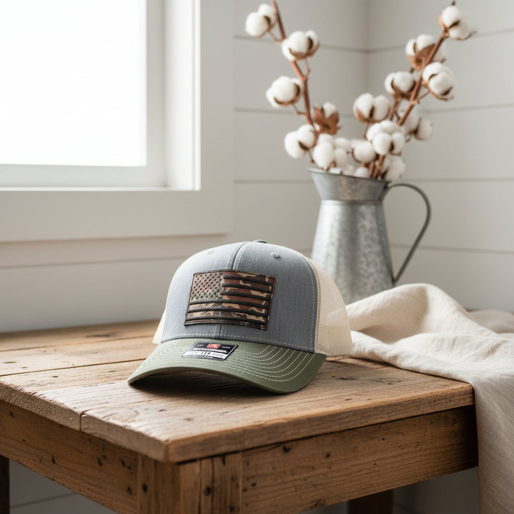 Gray and green cap with camouflage American flag patch and Richardson logo.