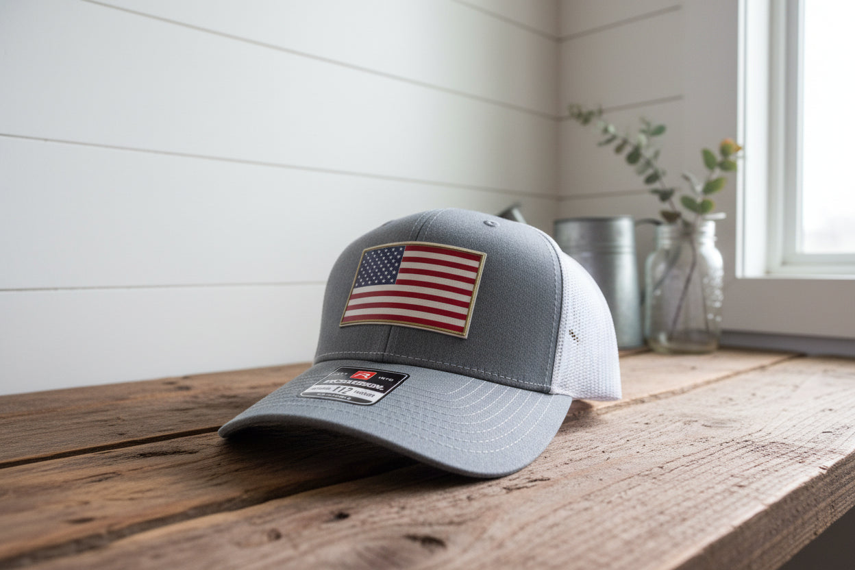 Gray trucker hat with American flag patch and Richardson logo