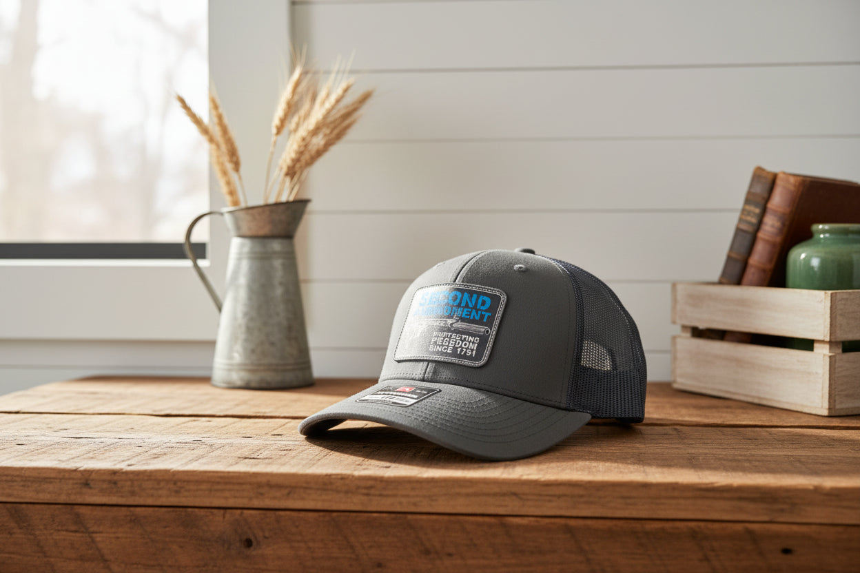 Black cap with 'Second Amendment' patch and Richardson logo on a white surface.