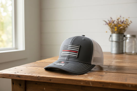 Gray trucker hat with American flag patch and Richardson logo on a wooden surface