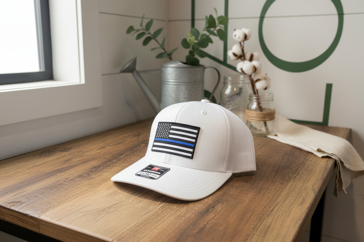 White cap with American flag patch on a wooden surface