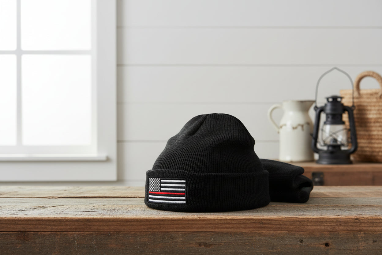 Black beanie with American flag design on a mannequin head against a white background