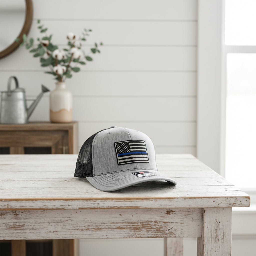 Gray cap with American flag patch in front of an American flag background
